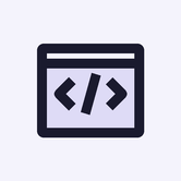 A browser window showing code angle brackets on a lilac tile