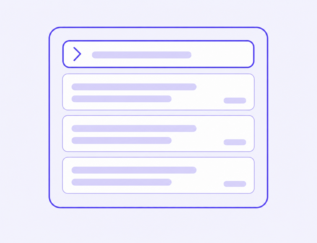A Quenna search window with a chevron search field above three answer cards