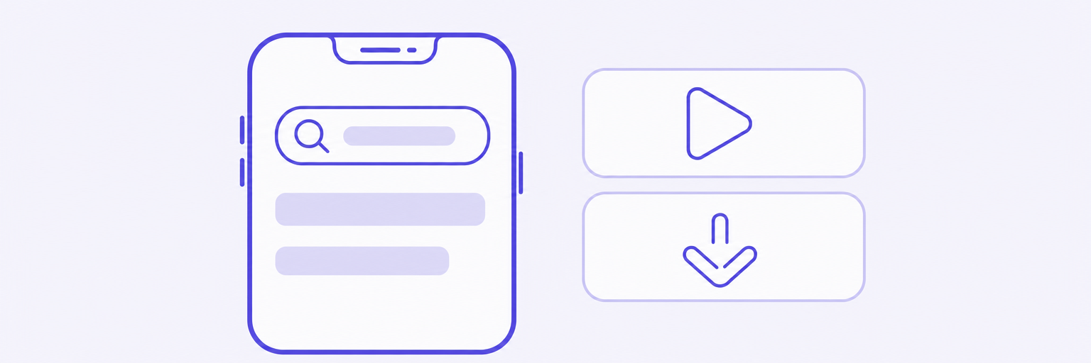 A phone with a search field beside two store-badge shapes